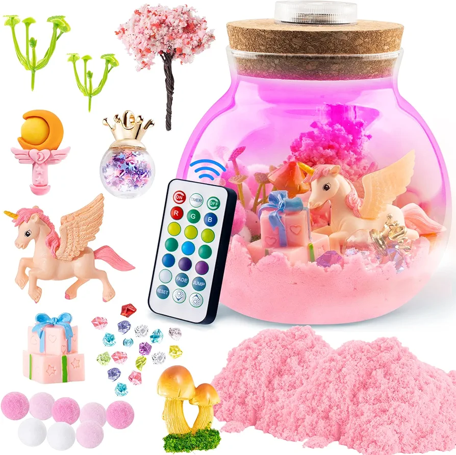 Hollyhi Terrarium Kit for Kids, Light Up Night Light Toys for 3 4 5 6 7 8 9 10 11 12 Year Old Boys Girls, DIY Unicorn Arts and Crafts for Kids Birthday Gifts (Unicorn with Pink Magic Sand)