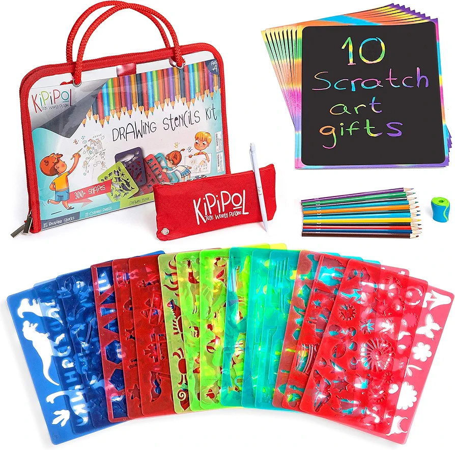 Kipipol 63 Pcs Drawing Stencils for Kids Ages 4-8 - 8-12 and Up - Arts and Crafts for Girls and Boys - Kids Drawing kit - Art Set- 15 art Stencils, 260+ Designs -Scratch Art- Creativity Gifts & Toys