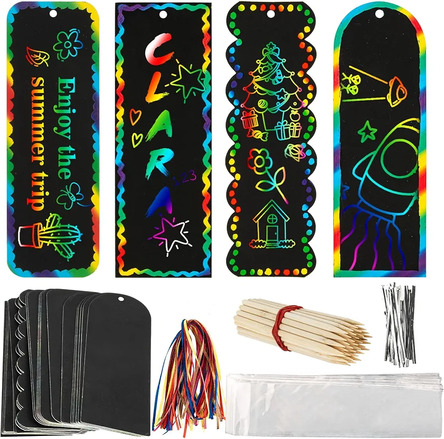 36 Sets 4 Style Magic Scratch Art Bookmarks - Rainbow Scratch Paper Art DIY Bookmarks Bulk Party Favors Birthday Party Classroom Activities