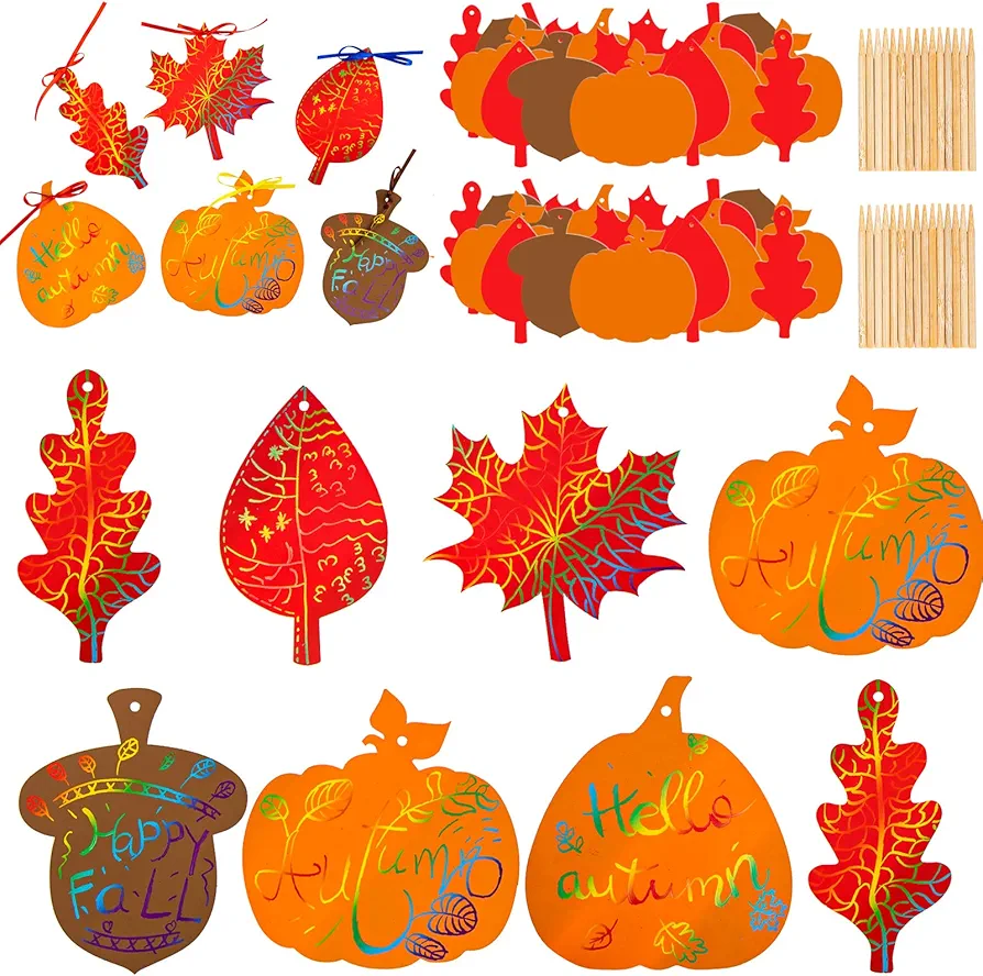 Whaline 60 Pack Fall Harvest Rainbow Scratch Art Set Colorful Scratch Paper Pumpkin Autumn Leaves Acorn Pattern with 60Pcs Ribbons and 15Pcs Wooden Styluses for Thanksgiving Birthday Party Decor