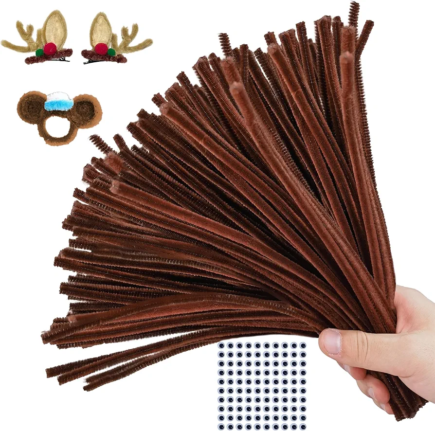Upgraded 100PCS Brown Pipe Cleaners Chenille Stems Bulk DIY Art Supplies Craft Bonus Googly Eyes Thicker Long Fuzzy Sticks Wires for Adults and Toddlers