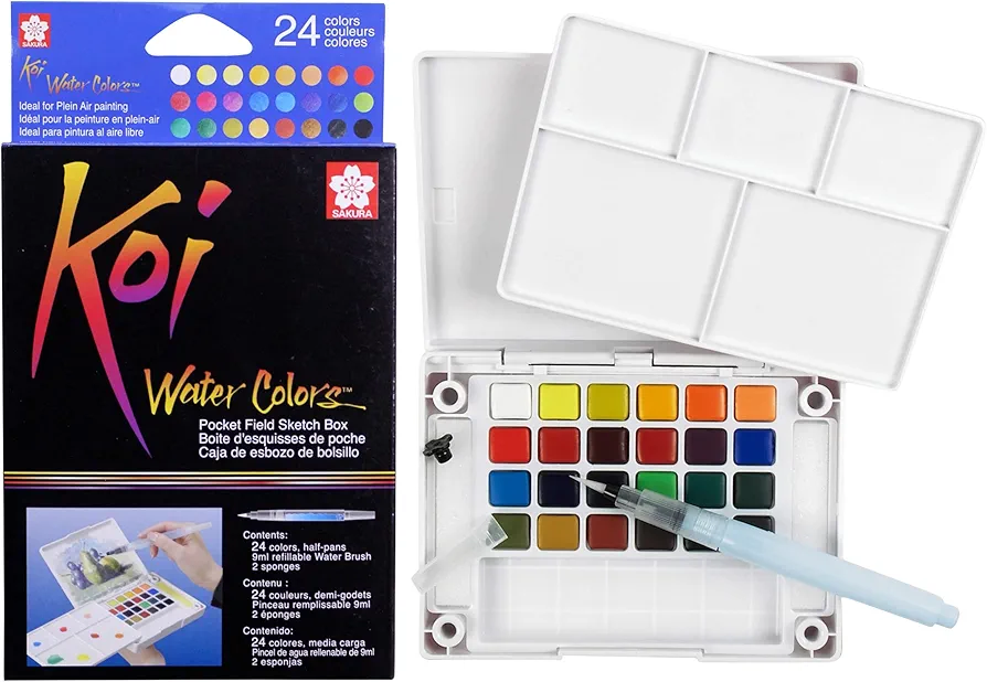 Sakura Koi Pocket Field Sketch Kit - Watercolor Sets for Painting On the Go - 24 Colors - 1 Water Brush - 1 Sponge - 1 Mixing Palette