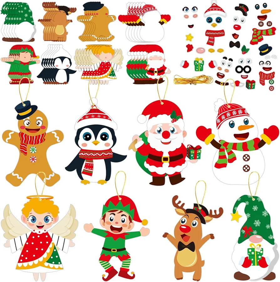 chiazllta 384 Pcs Christmas Craft Kits for Kids Christmas DIY Sticker Game Craft Ornament Make Your Own Reindeer Santa Snowman Elf Art Craft Projects for Home Class Activities, 48 Sets in Total