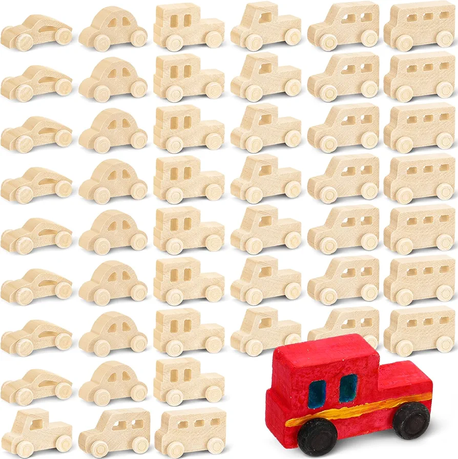 Lenwen 48 Pcs Wood DIY Car Toys for Party Unfinished Wooden Cars, Wooden Toy Cars Wooden Graffiti Cars and Crafts DIY Toys for Students Girls Boys Home Activities Craft Projects Woodworking(Modern)
