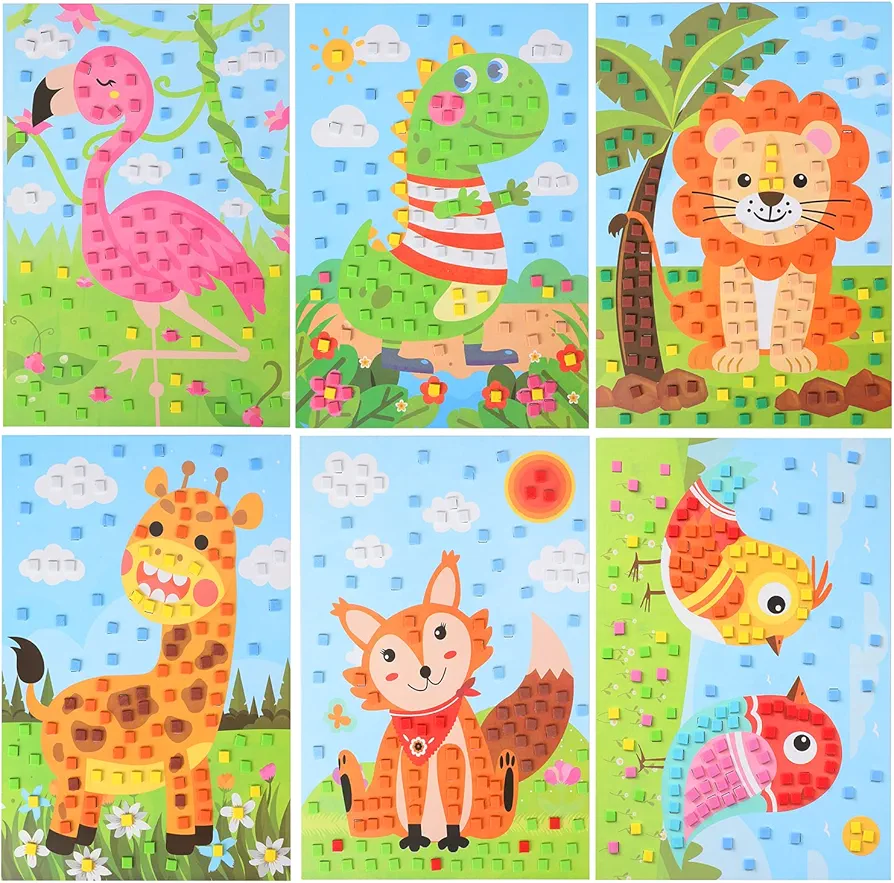 6 PCS - Mosaics Sticker Art Kit for Kids，1260 Pieces Sticky Foam DIY Craft for Boy Girl，Animals Sticker Craft Activities (Age 3+)