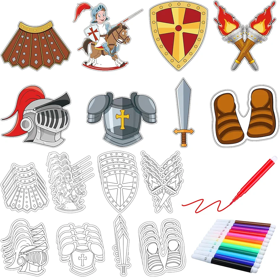 32 Sets Armor of God Magnets Crafts Color Your Own Armor of God Magnet for Kids DIY Religious Coloring Magnet Ornaments for VBS Sunday School Home Classroom Activities Art Party Favors