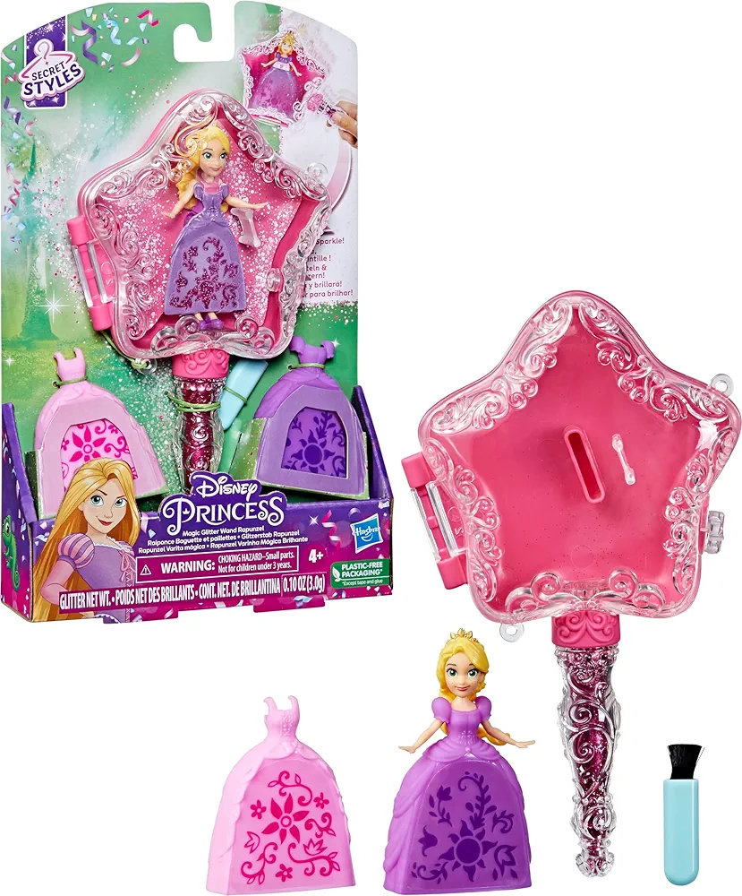 Disney Princess Secret Styles Magic Glitter Wand Rapunzel Doll and Wand Playset, Arts and Crafts Toy for Kids 4 and Up