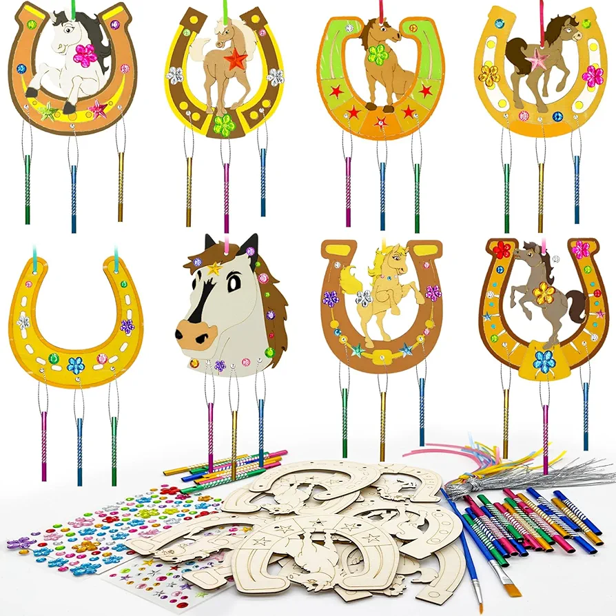 16 Pack Spring Activities for Kids，Paint Insect Party Favors Butterfly Craft Wind Chime Kit Wooden Paint Arts DIY Coloring Craft for Spring Summer Bugs Party Art Activity Supplies (Horse)