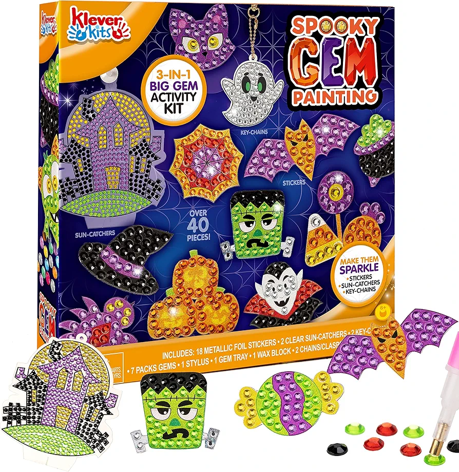 Klever Kits Halloween Gem Art Kit, Kids Halloween Art Crafts Party Supplies, Big Gem Diamond Painting Kit with Stickers, Suncatchers, and Keychains, Party Favor DIY Activities School Game Goodies Gift