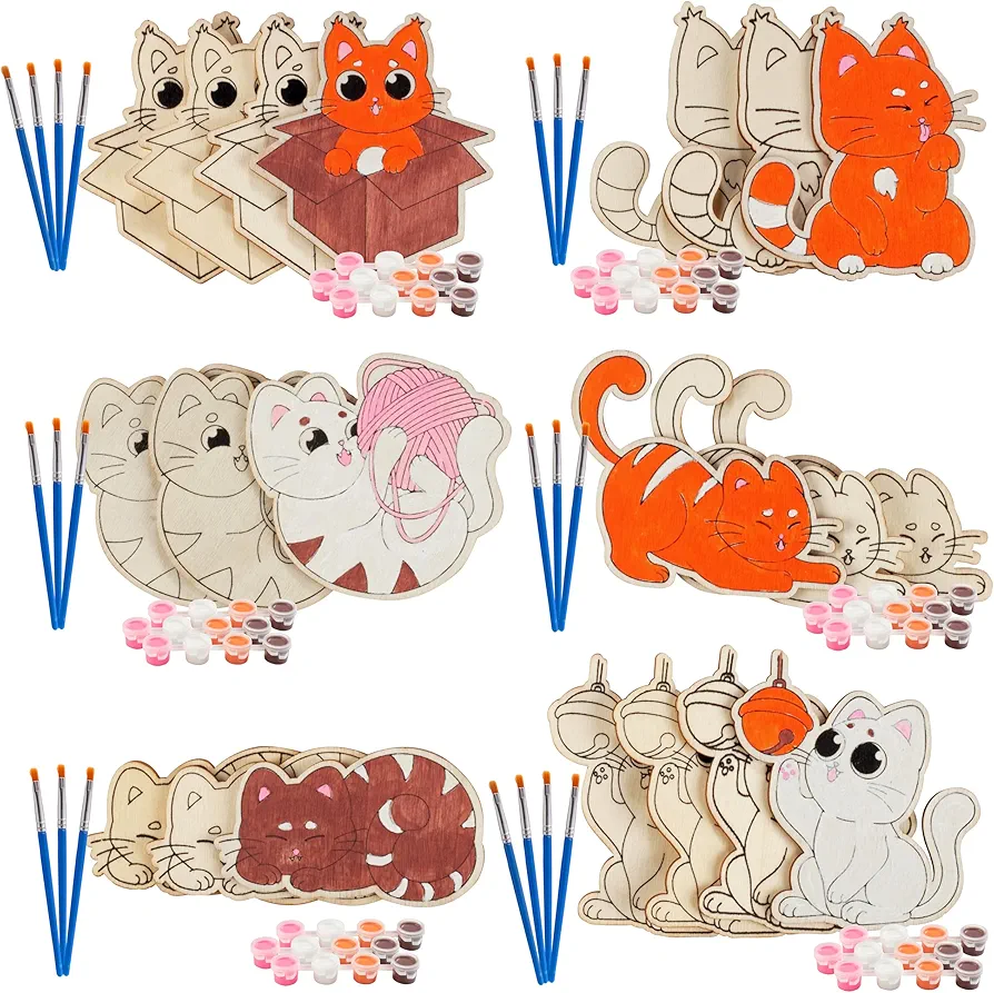 Kids Wood Painting Party Craft Kits (20ct)- 6 Different Kitty Cat Designs- Each Kit Has Own Brush, Paint, Wood Craft- Fun, Unique Birthday Party Activity, Favors or Classroom School Valentines Gift