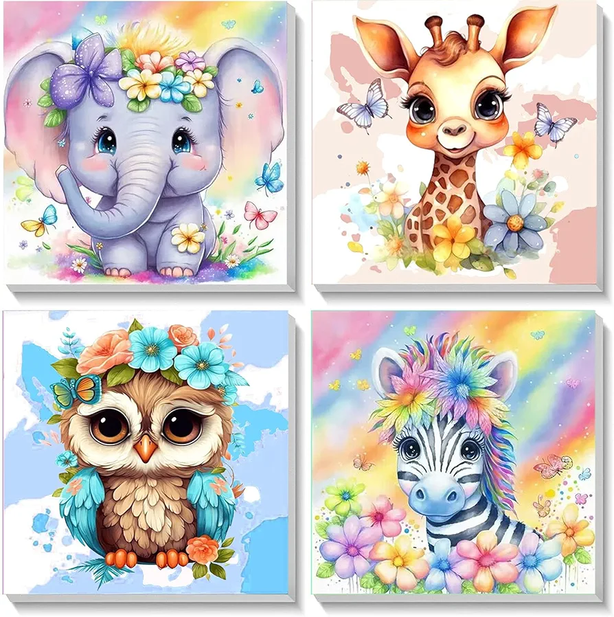 4 Pack Animal Paint by Number for Kids with Wooden Frame-Paint by Numbers for Kids Animals Ages 4-8-12,Easy Elephant Owl Giraffe Zebra DIY Acrylic Oil Painting Kits for Home Wall Decor(8X8inch)