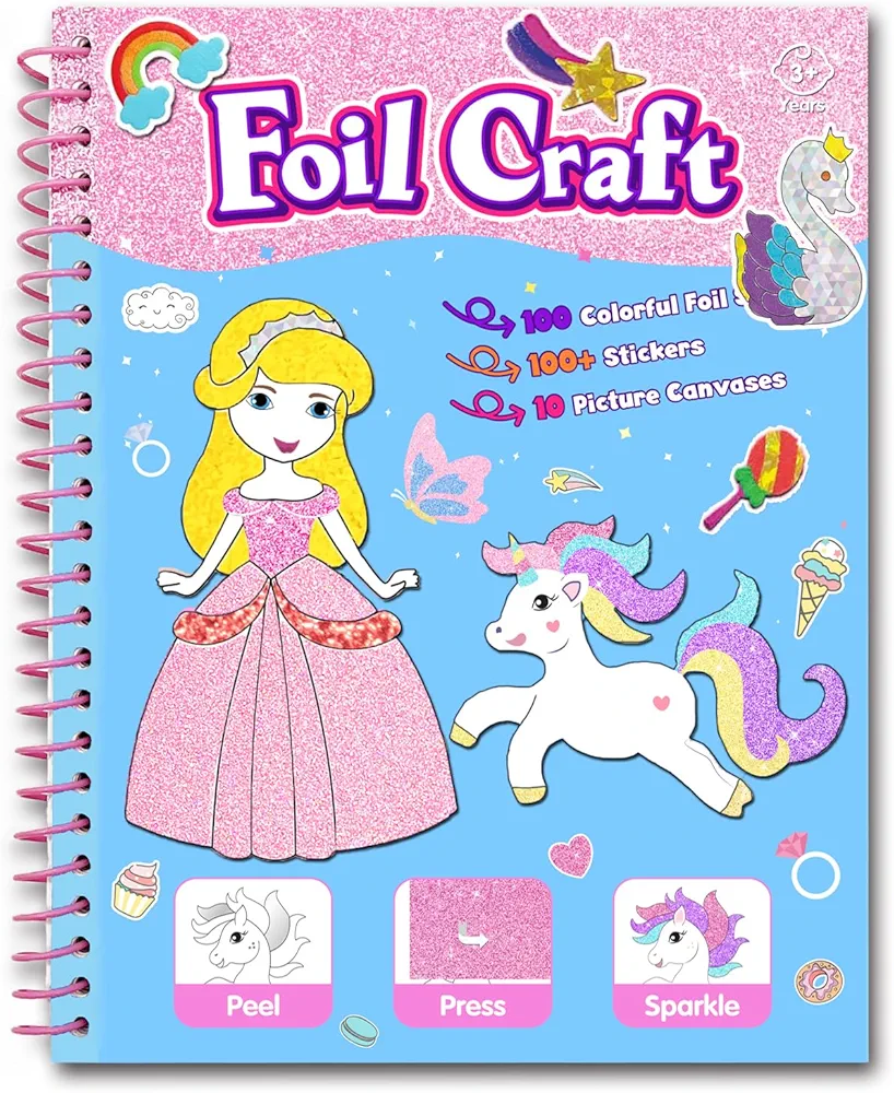 Princess & Unicorn Foil Arts Crafts for Kids, 2-in-1 Foil Fun & Sticker Book DIY Activity Kit, No Mess Travel Toys Road Trip Activities for Kids, Birthday Gift for 3 4 5 6 7 8 9 Year Old Girls