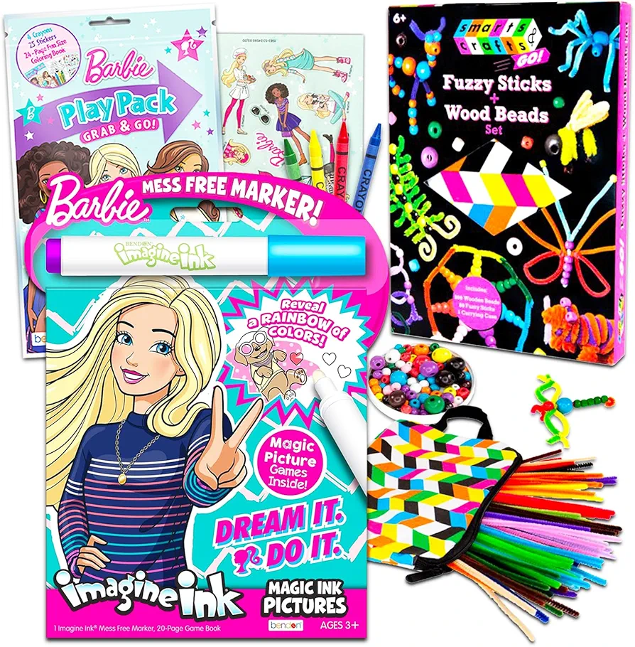 Barbie Coloring Book and Art Relaxation Set ~ Barbie Coloring Book Set with Fuzzy Sticks and Wood Beads Set (Barbie Coloring Books).