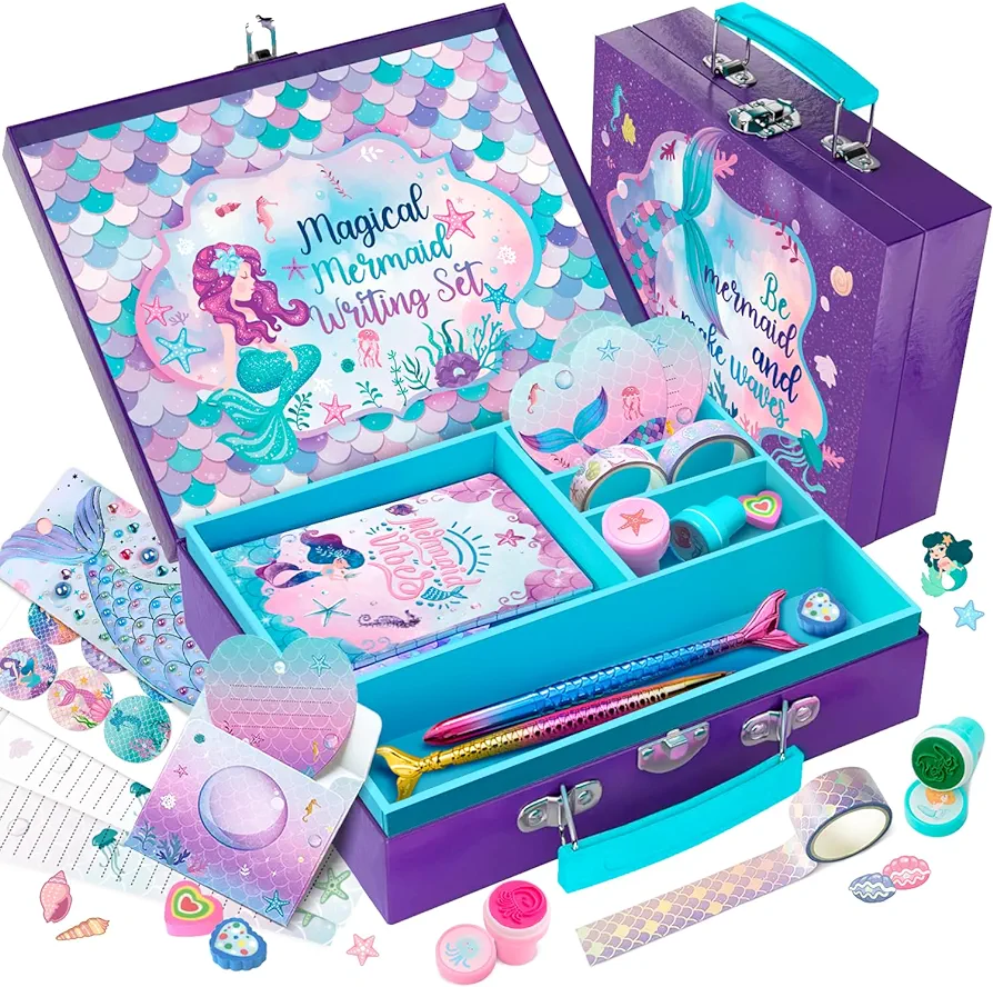 Mermaid Stationery Set for Girls - 54-Piece Art and Letter Writing Kit with Storage Case - Ideal Birthday Gift for Kids Ages 4-12 - Perfect for Preteen Crafts and Toys