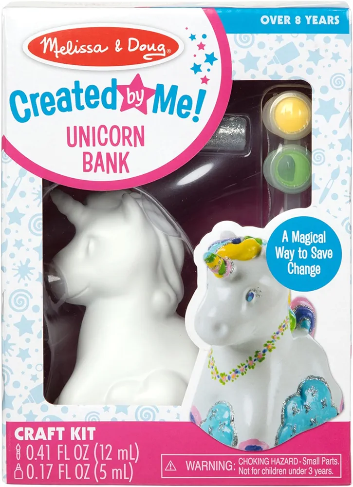 Melissa & Doug Created by Me! Decorate-Your-Own Unicorn Bank Craft Kit with 6 Pots of Paint, Glitter Glue, Paintbrush