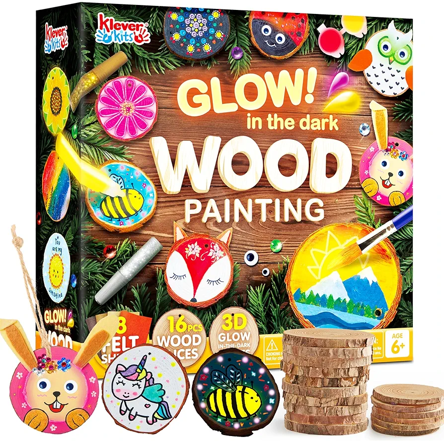 Klever Kits 16 pcs Wooden Painting Kit-Glow in The Dark- Arts and Crafts for Kids Ages 6-12 Art Supplies with Felt Sheets, Wood Slice Crafts for Boys Girls Birthday Party Gift