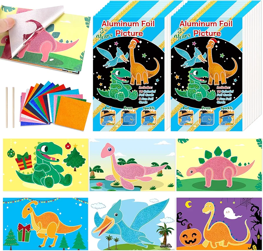 90shine 16Pack Foil Art Kit Dinosaur Foil Picture Arts Crafts Party Favors Halloween Christmas Birthday DIY Gifts for Kids