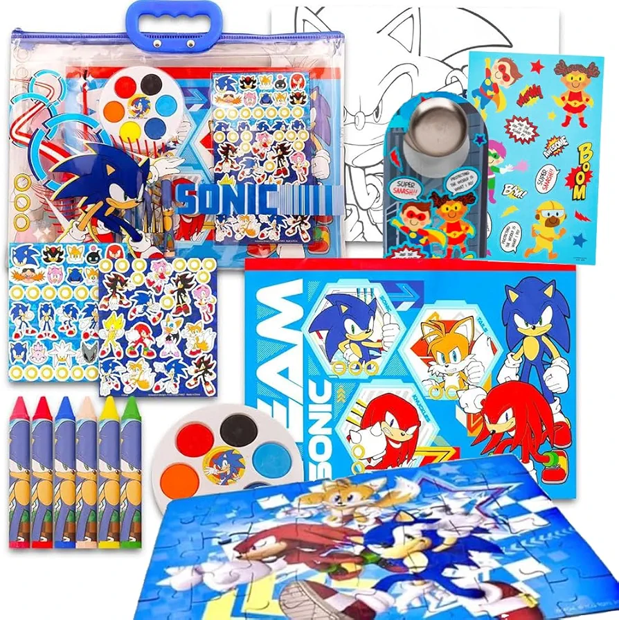 TOY DEALS Sonic The Hedgehog Puzzle, Drawing and Painting Set for Boys - Sonic Coloring Book Bundle with Coloring Utensils, Watercolor Paints, Sonic Stickers, and More Sonic Gifts