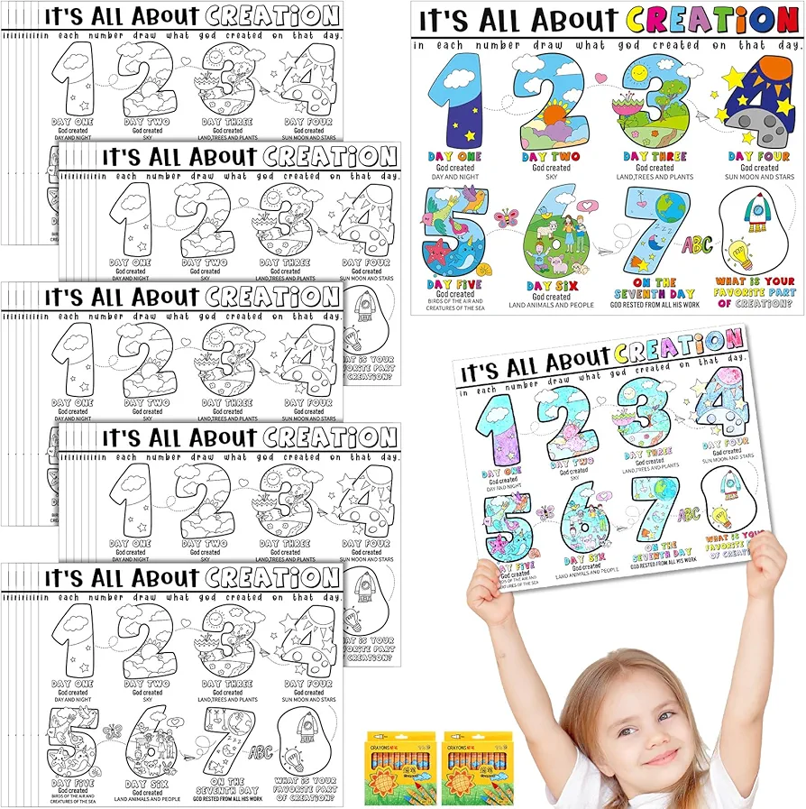 30 Sets Religious Coloring Poster for Kids Color Your Own 7 Days of Creation Poster DIY Christian All about Creation Posters Bible Crafts for VBS Sunday School Religious Home Party Supplies