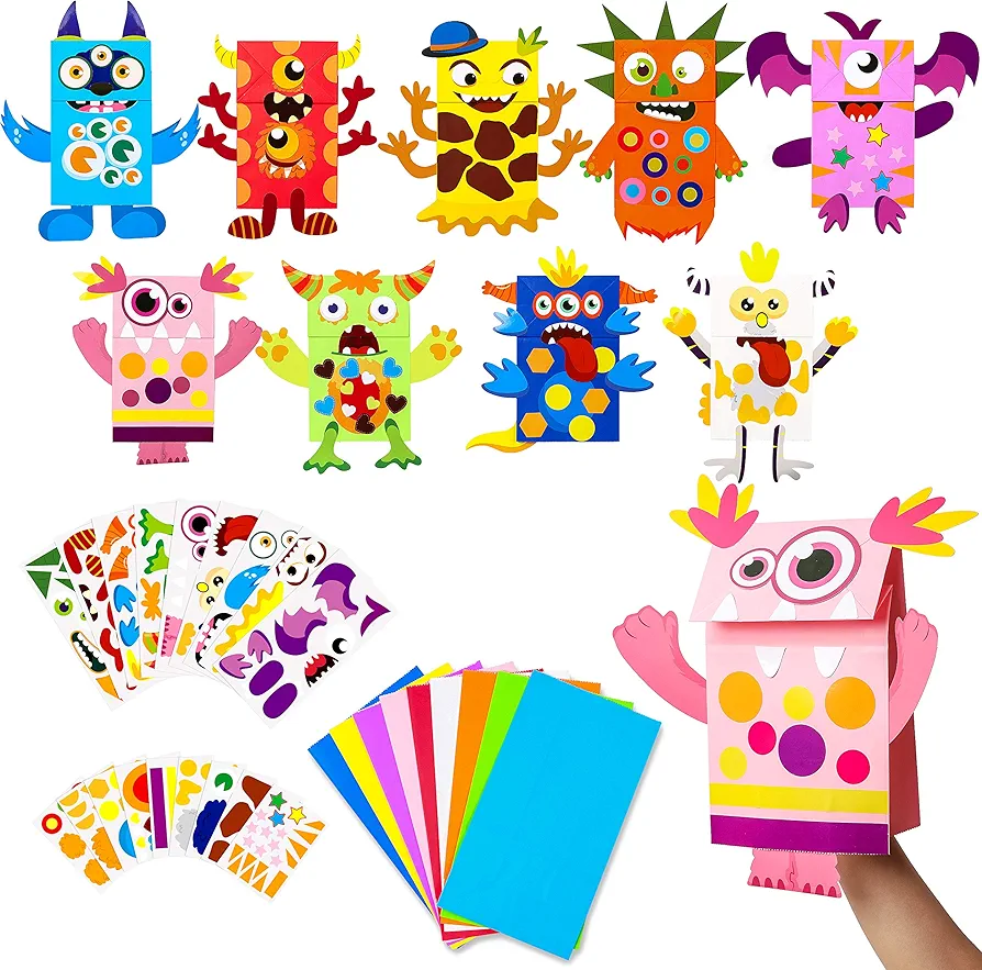 WATINC 9Pack Monster Hand Puppets Art Craft Paper Sock Puppet Toys DIY Making Your Own Puppet Kits Early Learning Classroom Family Storytelling Games Pretend Party Supplies Valentine's Day Gift