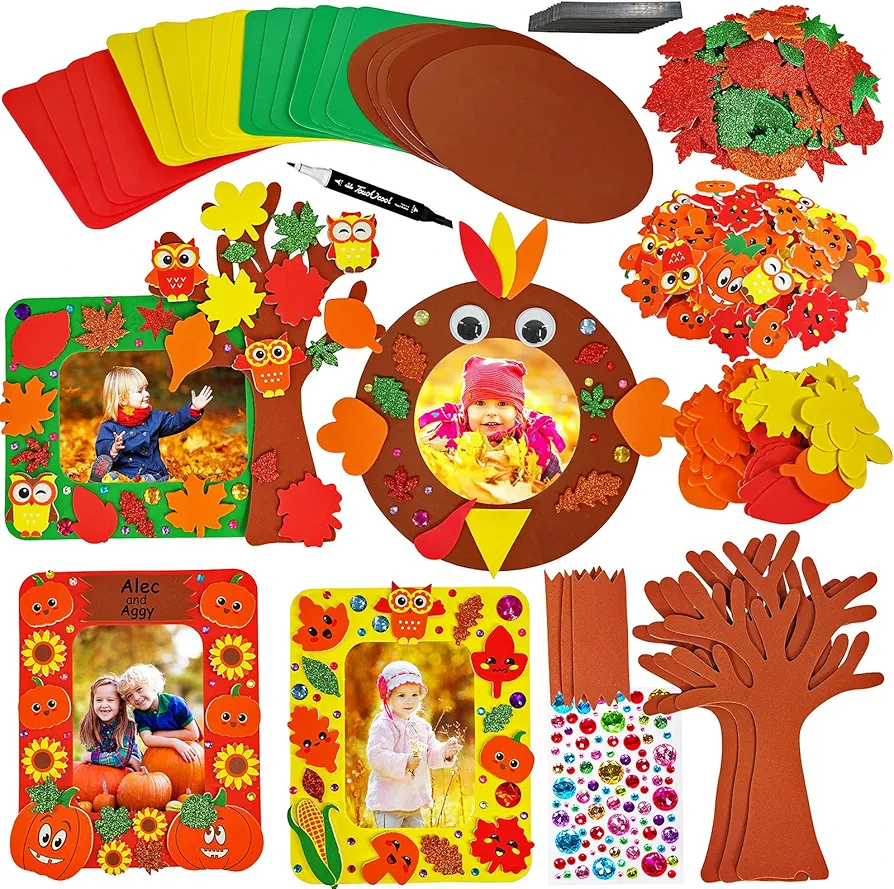 Winlyn 12 Sets Fall Thanksgiving Craft Kits DIY Thanksgiving Picture Frame Decorations Art Sets Tree Smile Face Pumpkin Autumn Leaf Owl Turkey Foam Stickers Arts and Crafts for Kids Party Activities