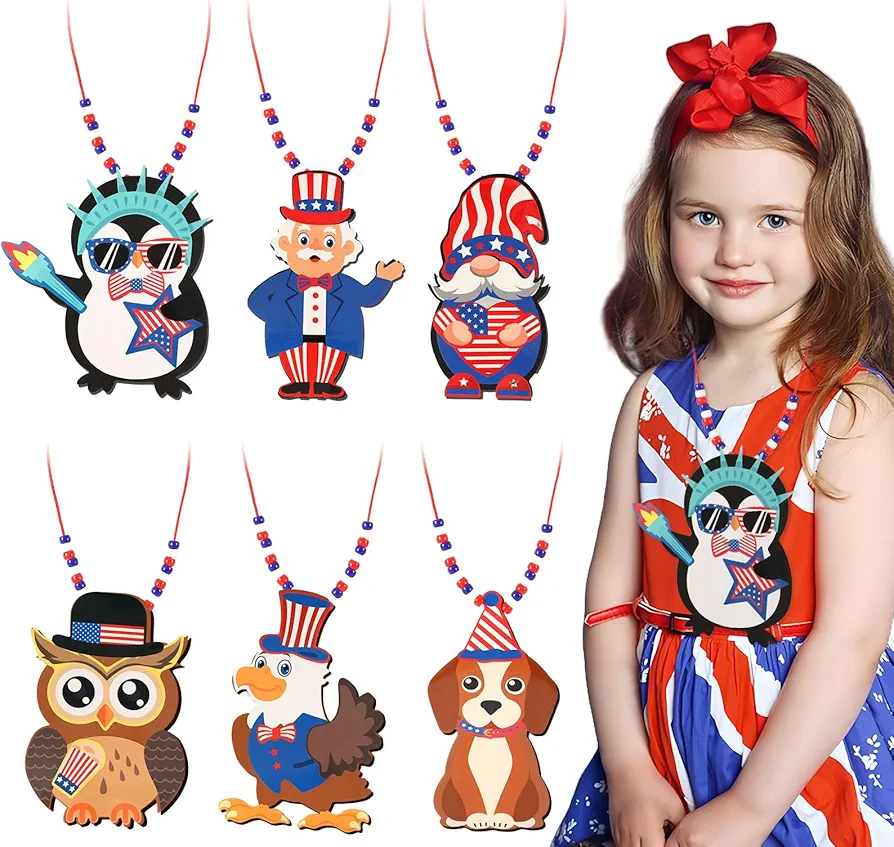 BOARDFEB 4th of July Crafts for Kids, 30 Sets DIY Patriotic Necklaces Independence Day Ornaments Red White Blue Hanging Decorations Foam Stickers for Classroom Party Favors