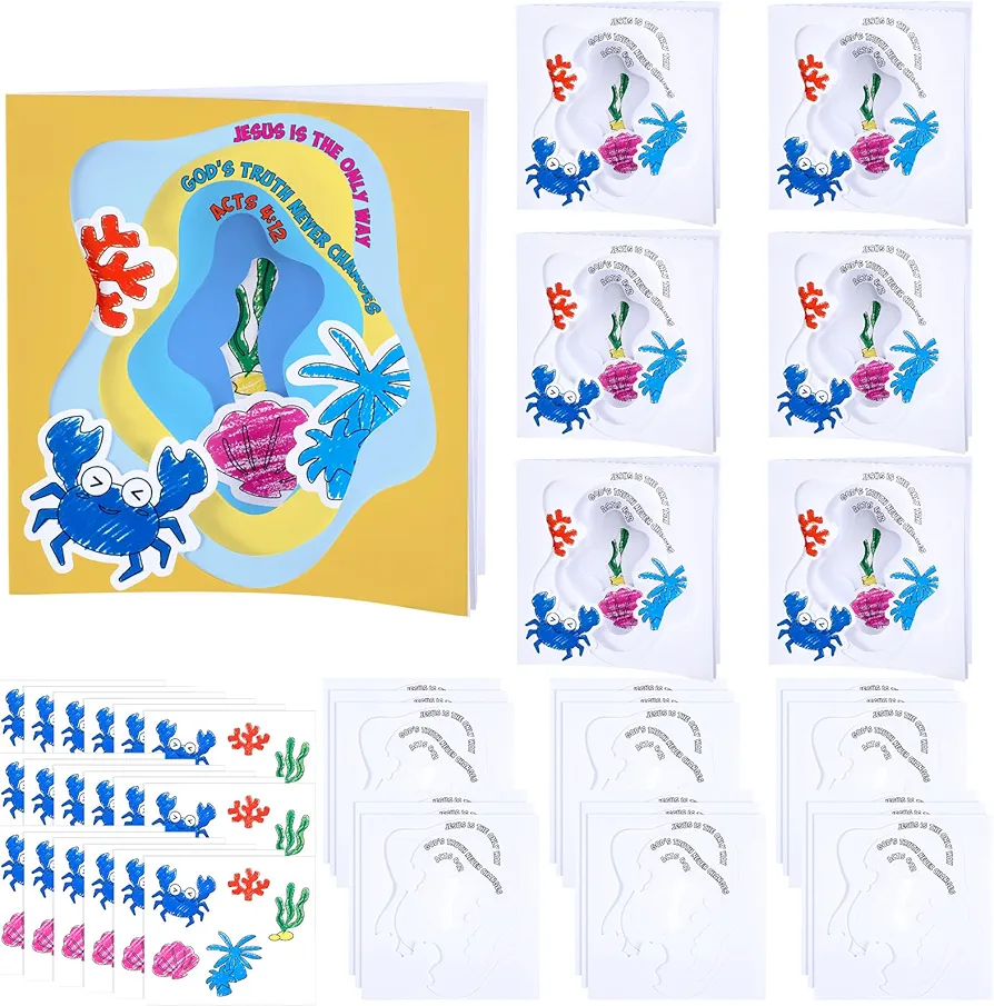 Affrolling 24 Sets Kids VBS 2024 Broken Rock Beach Tide Pool Book Craft Pack Bible Craft Books Christian Bible Stories Coloring Book for Kids Activity Bible Theme DIY Art Drawing Book Game School