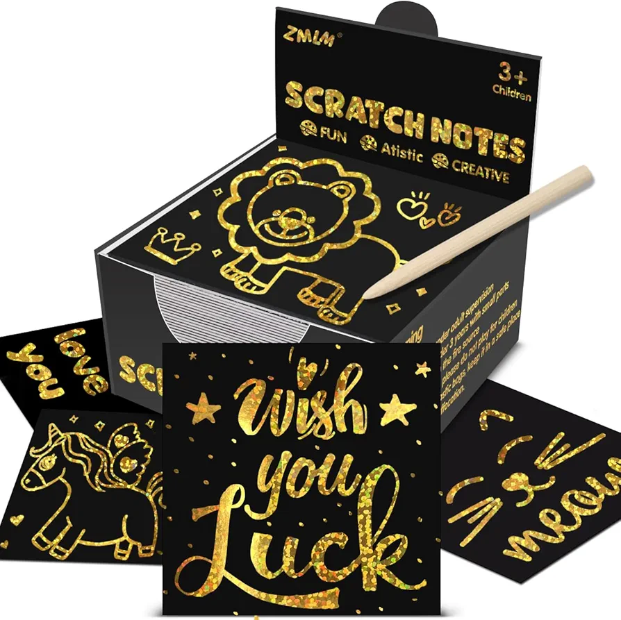 ZMLM Scratch Art Craft Gift: 160 Scratch Paper Art Set Gold Holographic Mini Scratch Off Notes Stocking Stuffers for Kids 4-8 Classroom Prizes Christmas Gift 8-12 Girls Boys Birthday Party Favors