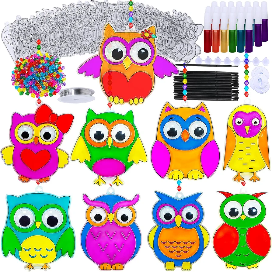 Winlyn 27 Sets Owl Suncatchers Ornaments Decorations DIY Window Paint Art Suncatchers Owl Craft Kits Sun Catchers for Kids Home Classroom Winter Holiday Season Fall Christmas Activities Party Favors