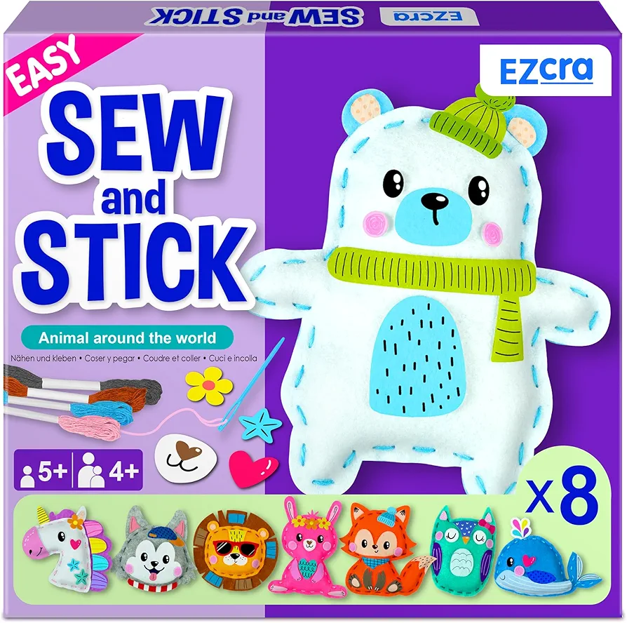 EZCRA Easy Arts and Crafts for Kids - No Mess Sewing Kit for Kids - 8 Easy to Do Animal Sewing Projects - Fun Felt Stickers - Tools with Instruction - Gifts for Boys and Girls Age 4,5,6,7,8