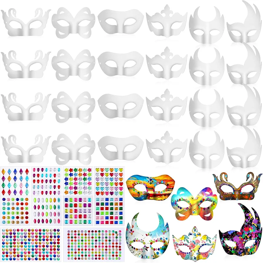 Leyndo 24 Pack Paper Mache Art Masks and 1154 Pcs Gem Stickers Self Adhesive Jewels Stickers Assorted Half Face White Craft Masks DIY Blank Masks Set for Halloween Cosplay Party Masquerade Mask
