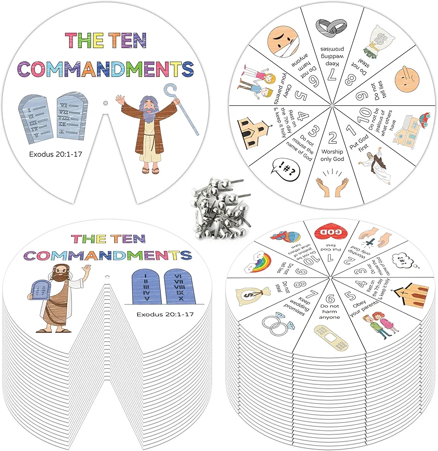 COcnny Ten Commandments Coloring Craft - 24 Sets Color Your Own Religious Art Wheel Kit for Kids, 10 Commandments DIY Craft Art Cards for Sunday School Christian Classroom Home Activities VBS Supplies