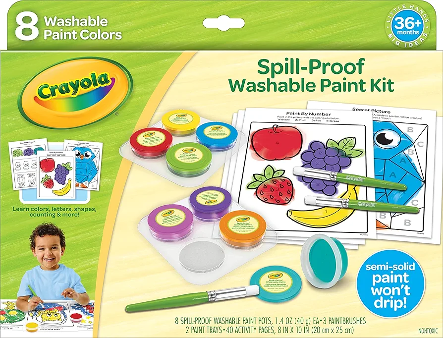 Crayola Spill Proof Paint Set (8ct), Washable Toddler Paint Kit, with Activity Pages, Kids Paint Brushes, Paint Pots, Ages 3+