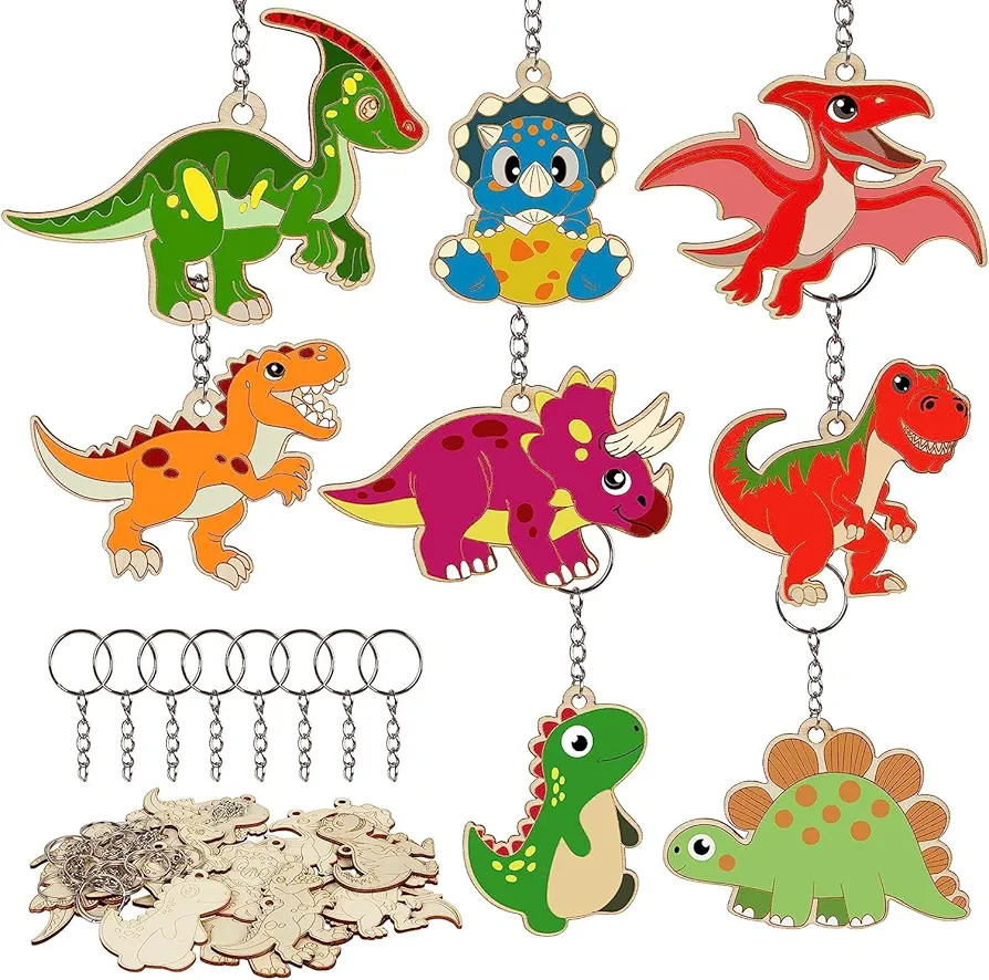 RONIAVL 16p DIY Wooden Dinosaur Keychain Coloring Toy Craft for Kids Make You Own Dinosaur Keychain for Boys Girls Art Craft Projects Home Decor Gifts