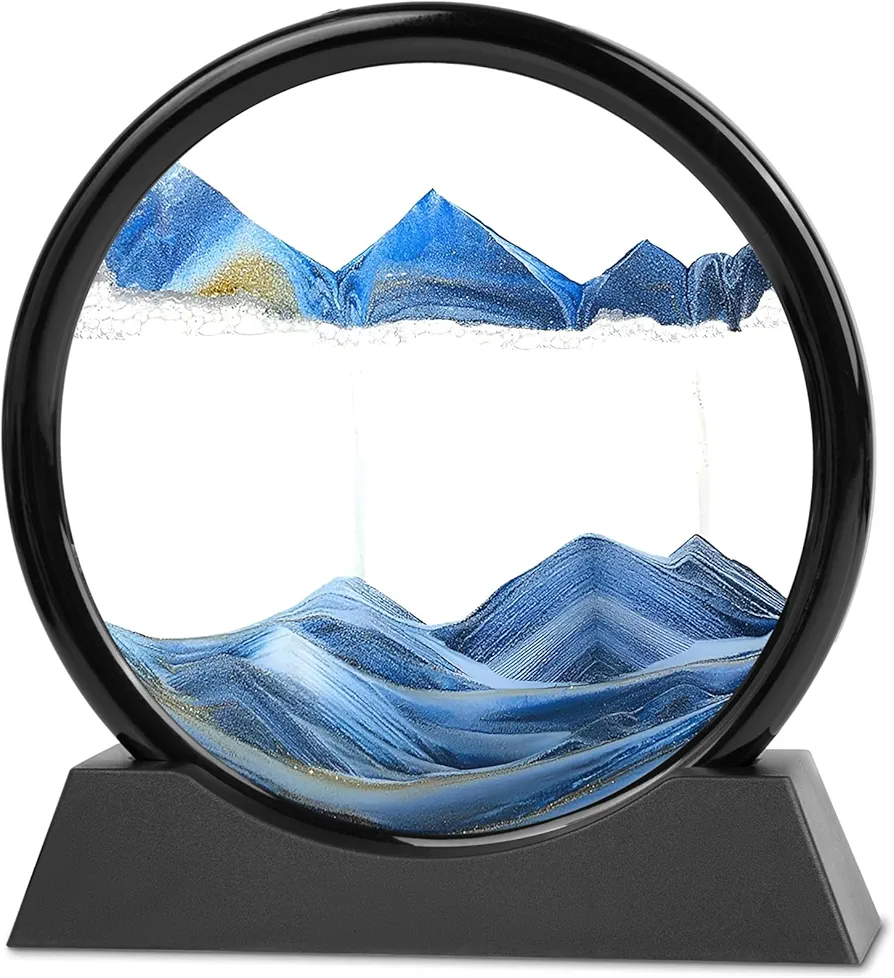 Moving Sand Art, 3D Liquid Motion Deep Sea Sandscape Color Quicksand Decor, Round Glass Flowing Sand Art Sandscapes Picture, Relaxing Desktop Home Office Work Decor, 7 inch Blue