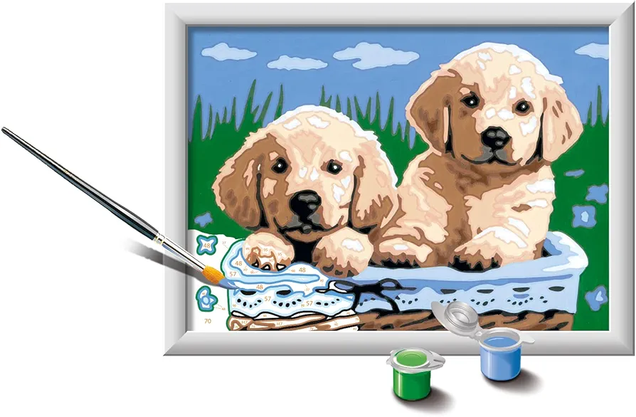 Ravensburger CreArt Cute Puppies Paint by Numbers Kit for Kids - Engaging Art Craft Set | Canvas & Acrylic Paints | Ideal for Developing Art Skills | Suitable for Ages 7+, 24 x 18 cm