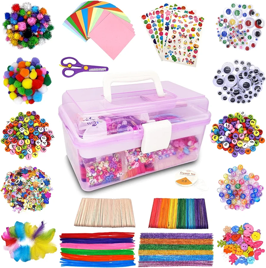 Irichna 3000+ Pcs Art and Craft Supplies for Kids, Toddler DIY Craft Art Supply Set Included Pom Poms, Pipe Cleaners, Feather, Folding Storage Box - All in One for DIY Craft Set (Purple)