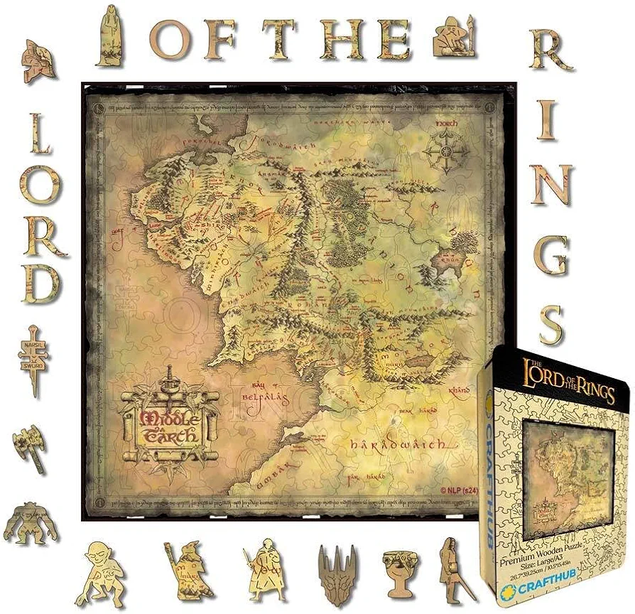 Lord of The Rings Wooden Puzzles for Adults – A3 Middle Earth Map with 215 Pieces – Jigsaw Puzzle with Unique Shapes – Family Games for Kids and Adults – 10.5" x 10.5" (26.7cm x 26.9cm)