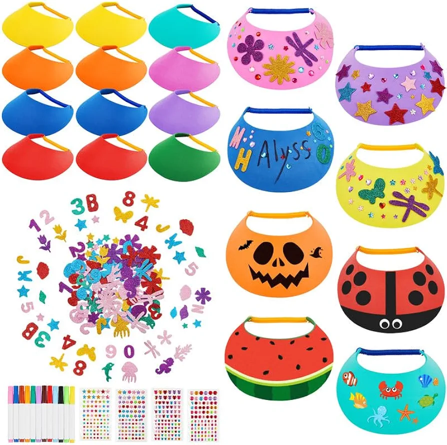 Outus 12 Pcs Foam Visors for Kids Include Assorted Color Sun Visor Foam Hats DIY Crafts Sports Supplies, Stickers and Markers (Fresh Color)