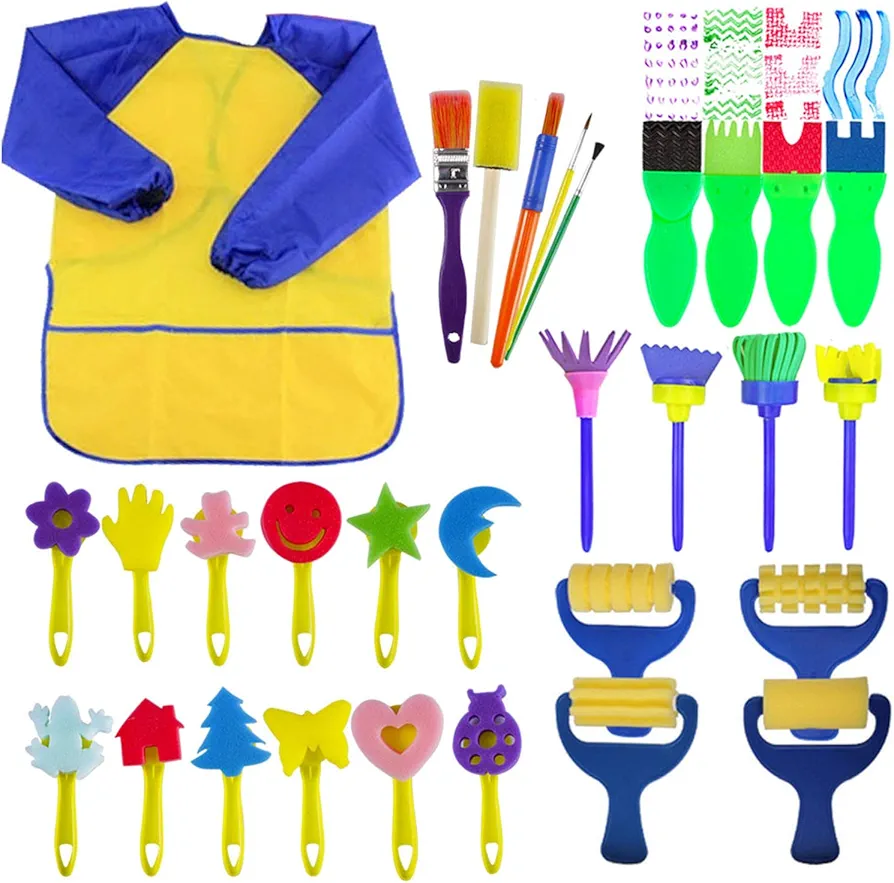 EVNEED Paint Sponges for Kids,29 pcs of Fun Paint Brushes for Toddlers.Coming with Sponge Brush, Flower Pattern Brush, Brush Set, Long Sleeve Waterproof Apron with 3 Roomy Pockets