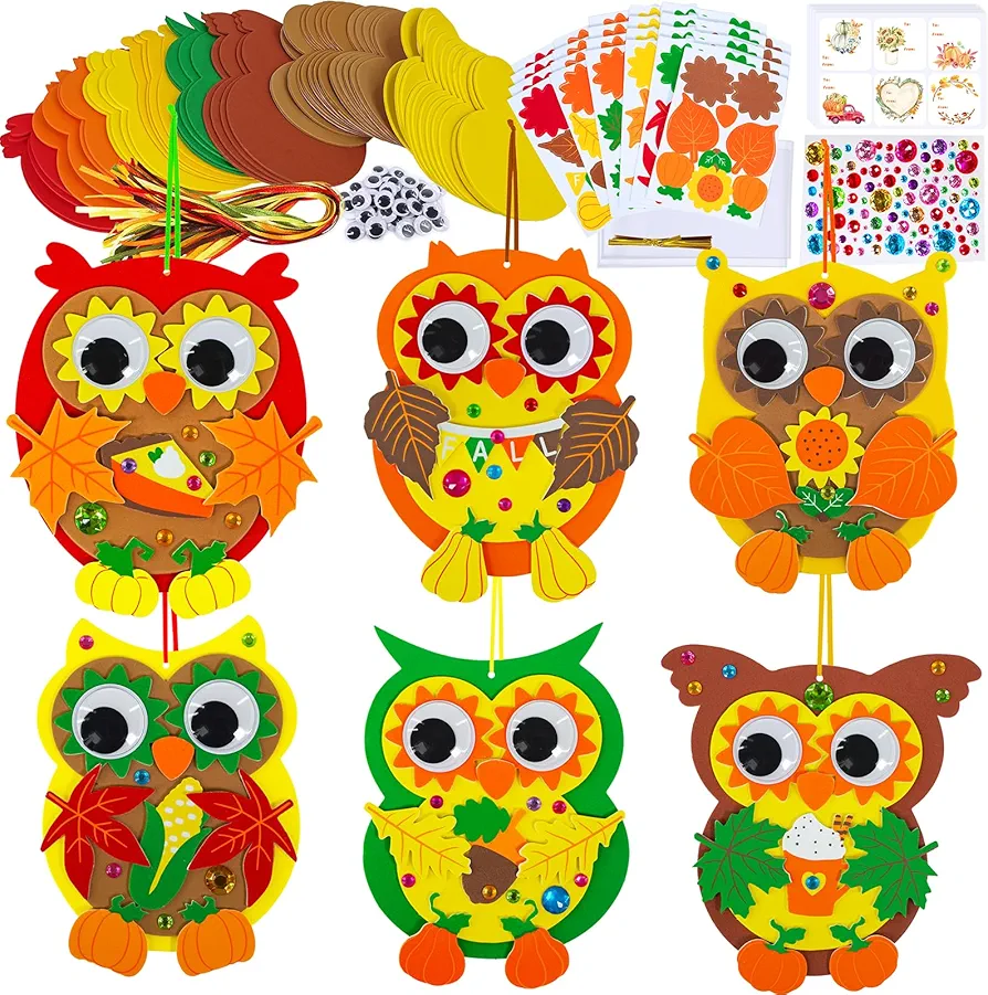Winlyn 24 Sets Fall Craft Kits Autumn Crafts DIY Fall Owl Ornaments Decorations Art Sets Maple Leaves Pumpkin Foam Stickers Arts and Crafts for Kids Classroom Activities Holiday Harvest Party Favors