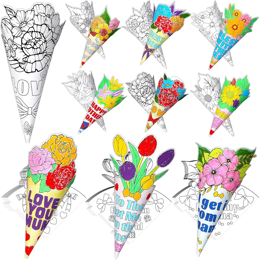 Qyeahkj 36PCS Color Your Own Mother's Day Bouquet Happy Mother's Day DIY Flower Card Paper Crafts Kit Bulk for Kid Best Mom Ever Coloring Flower Ornament Gifts for Mom Fun Home School Activities