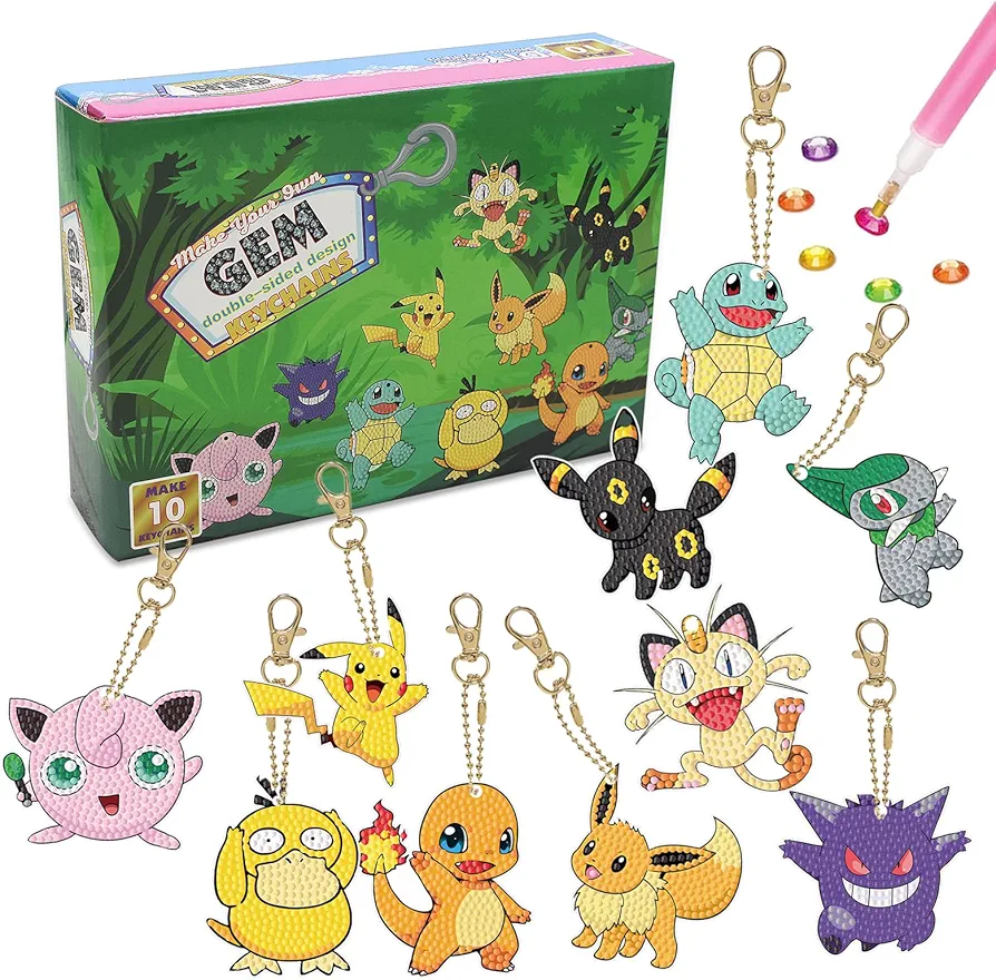 Eshyer Arts and Crafts for Kids Ages 8-12 - Make Your Own Double-Sided GEM Keychains Crafts Kits for Girls 8-12 - 10 Pcs Big 5D Diamond Art Painting Kits by Numbers - Art & Craft for Kids Ages 3-8