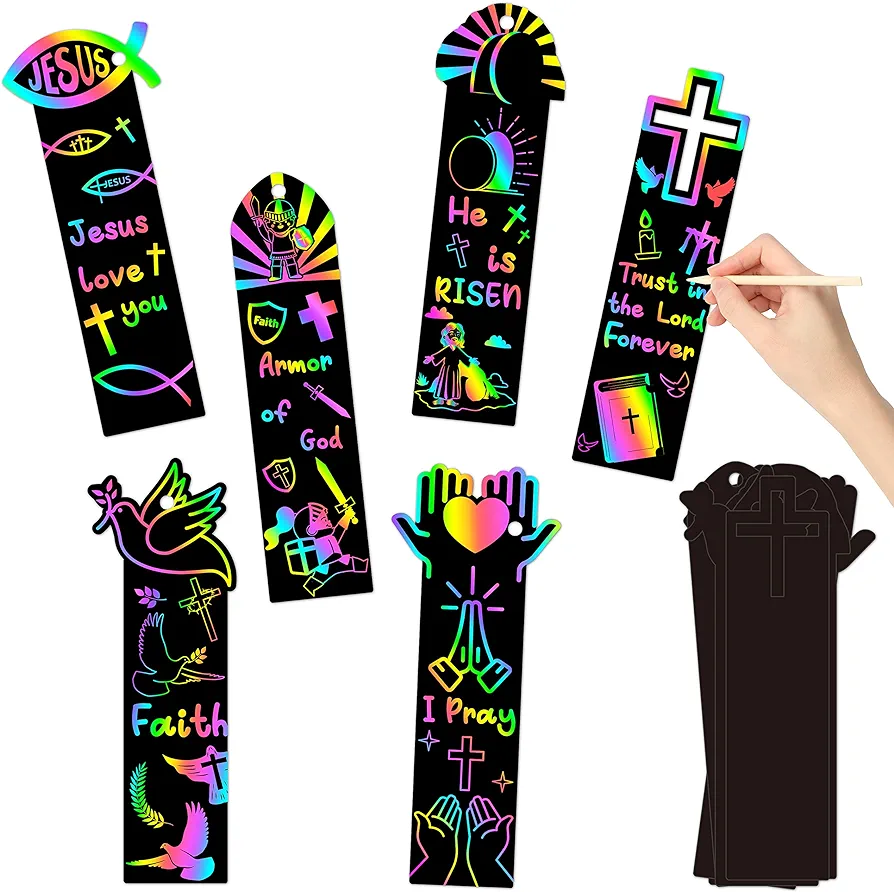 CY2SIDE 60PCS Religious Rainbow Color Scratch Bookmarks for Kids, Crosses Scratch Craft Kits for Kids Christian Sunday School Church, Easter Magic Art Rainbow Color Craft Kit for Vacation Bible School