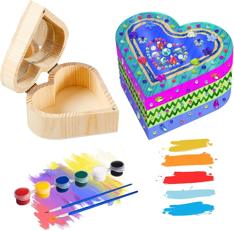 Paint Your Own Wooden Kids Heart Treasure Box Kit - Art Kits for Toddler Girl, DIY Jewelry Box Toys, Decorate Heart Treasure Box Craft kit, Gifts for Christmas Birthday