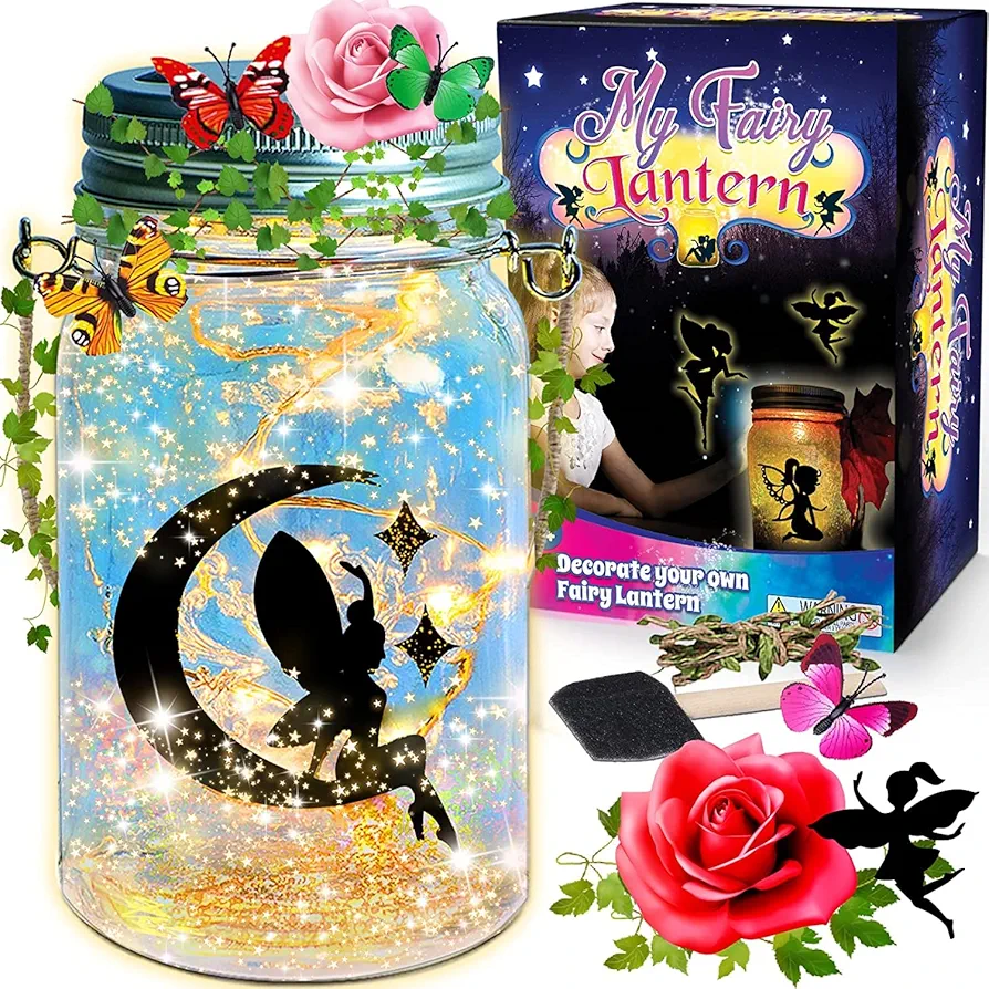 FUNZBO Fairy Lantern Jar Craft Kit - Arts and Crafts for Girls with Fairy and Unicorn Silhouettes, Kids Night Light for Room Decorations, Kids Art Projects, Craft Kits for Kids Ages 4-8
