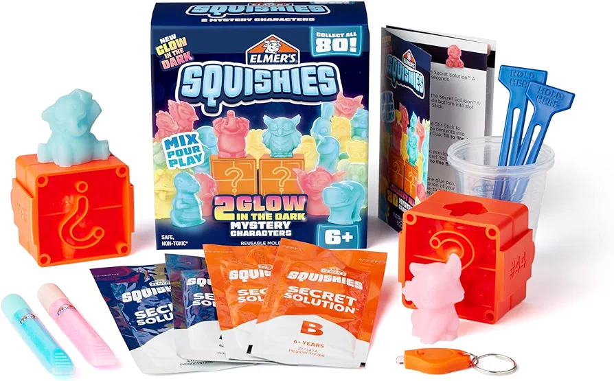 Elmer's Squishies Kids’ DIY Activity Kit, Glow in the Dark Toy Kit, Creates 2 Mystery Characters, 13-Piece Set, Ages 6+