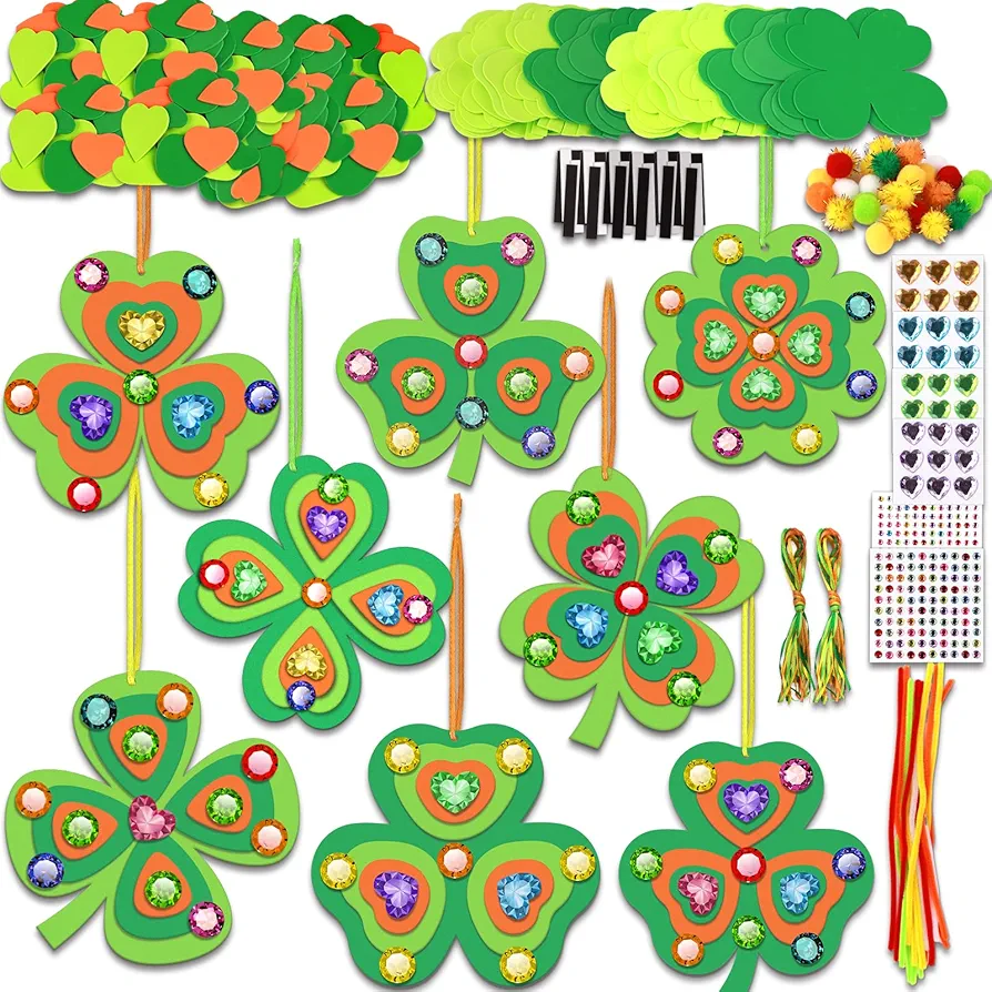 Qyeahkj 530 Pcs St. Patrick's Day Foam Craft Kit 32 Set Shamrock DIY Ornaments Decor St. Patrick's Day Craft 3D Irish Clover Foam Felt Stickers Art Craft for Party Favor