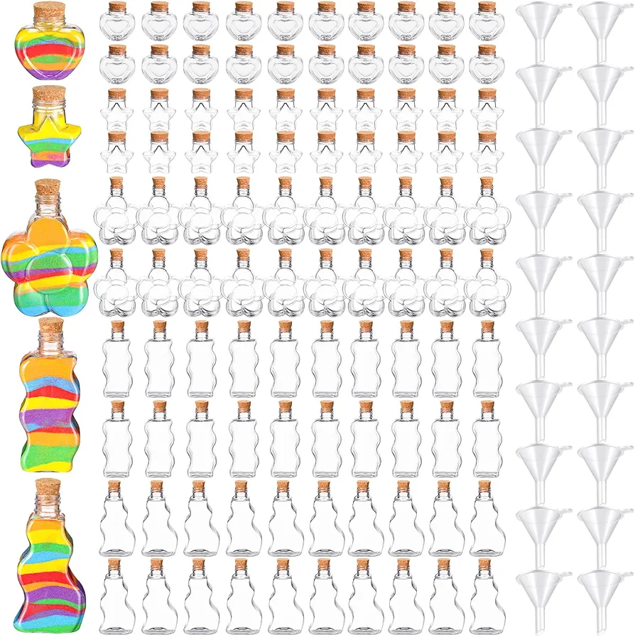 Shappy 50 Pcs Plastic Sand Art Bottles with Cork and Funnels Clear Sand Art Containers for Boys and Girls Craft Collection Bottle for DIY Crafts Wedding Birthday Party Favors Wish, 5 Style