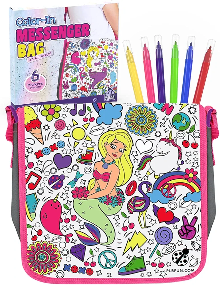 PURPLE LADYBUG Color Your Own Bag with 6 Markers Craft Set - Unique Mermaid Crafts for Girls Ages 6-8 & Mermaid Gifts for Girls 5-7 Years Old, Craft Kits for Girls Ages 6-8, Summer Crafts for Kids